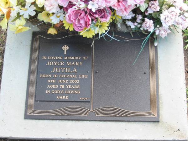 Joyce Mary JUTILA  | 9 Jun 2002  | aged 78  |   | Albany Creek Cemetery, Pine Rivers  |   | 