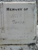 Thomas BARRETT,
died 4 Jan 1943 aged 66 years;
Edith BARRETT,
died 11 Aug 1967? aged 83 years;
Mary Barrett,
died 26 March 1921 aged 7 years;
Appletree Creek cemetery, Isis Shire