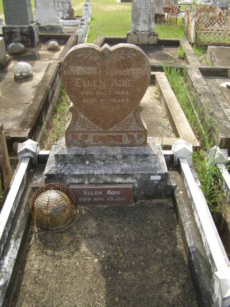 Ellen ADIE,  | died 7 Dec 1948 aged 80 years;  | Ellen ADIE,  | died 29 Aug 1981;  | Appletree Creek cemetery, Isis Shire  | 