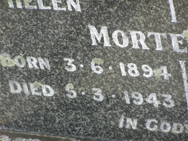 Helen MORTENSEN,  | mother,  | born 3-6-1894,  | died 5-3-1943;  | Henry George MORTENSEN,  | father,  | born 6-6-1889,  | died 2-7-1974;  | Appletree Creek cemetery, Isis Shire  | 