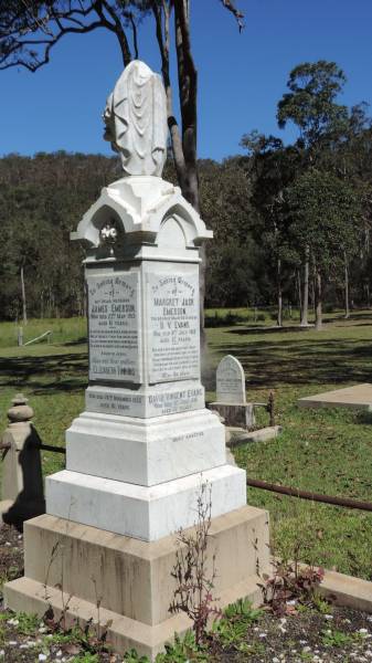 James EMERSON  | d: 22 May 1915 aged 61  |   | Elizabeth TIMMINS  | d: 26 Nov 1935 aged 81  |   | Margret Jack EMERSON  | wife of D.V. EVANS  | d: 10 Jul 1915 aged 37  |   | David Vincent EVANS  | d: 31 Jul 1916 aged 37  |   | Jean EMERSON  | wife of R.E. HULL  | d: 18 Aug 1914 aged 19  |   | Atherton Pioneer Cemetery (Samuel Dansie Park)  |   |   |   | 