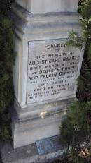 
August Carl BAARTZ
b: 6 Mar 1844, Deutsch Krone, West Prussia, Germany
d: 25 Sep 1910 aged 66

Elizabeth Gaithe BAARTZ
d 21 Jun 1932 aged 81

Aubigny St Johns Lutheran cemetery, Toowoomba Region

