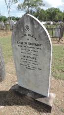 Andrew URQUHART
d: 28 Mar 1894 aged 79
and wife
Catherine URQUHART
4 Jan 1894 aged 76
erected by son Duncan URQUHART
Banana Cemetery, Banana Shire