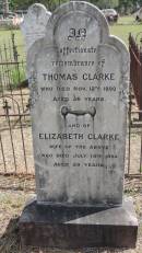 Thomas CLARKE
d: 12 Nov 1890 aged 56
and wife
Elizabeth CLARKE
d: 14 Jul 1894 aged 59
Banana Cemetery, Banana Shire
