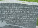 Rosina Augusta C.M. KLAN, mother,
died 29 Jan 1953 aged 70 years;
Frederick Alfred KLAN, father,
died 19 Feb 1958 aged 80 years;
Barney View Uniting cemetery, Beaudesert Shire