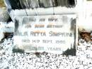 Alexander John SIMPKINS, husband,
died 10 Sept 1955 aged 64 years;
Julia Retta SIMPKINS, wife mother,
died 14 Sept 1986 aged 89 years;
Beerwah Cemetery, City of Caloundra