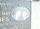 G.H. JONES,
8 Oct 1998 aged 78 years,
husband of Joan;
Joan May JONES,
wife of Grahame,
12-1-1925 - 29-4-2001,
love Craig & Tracey;
Beerwah Cemetery, City of Caloundra