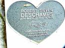 Robert Silven DESCHAMPS,
died 28 May 2001 aged 86 years,
husband father grandfather great-grandfather;
Beerwah Cemetery, City of Caloundra