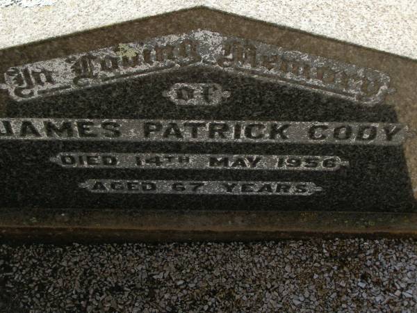 James Patrick CODY,  | died 14 May 1956 aged 67 years;  | Bell cemetery, Wambo Shire  | 