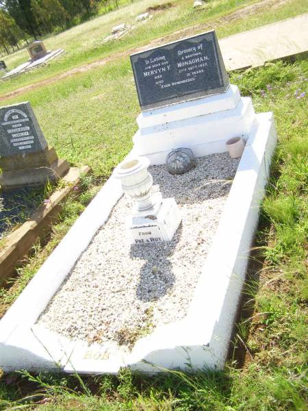 Mervyn F. (Bob) MONAGHAN,  | son brother,  | died 27 Sept 1937 aged 15 years,  | from Pat & Roy;  | Bell cemetery, Wambo Shire  | 