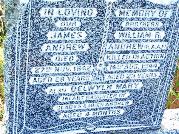 brothers;  | James ANDREW,  | died 27 Nov 1942 aged 28 years;  | William R. ANDREW,  | killed in action 14 Aug 1944 aged 23 years;  | Delwyn Mary,  | infant daughter of Gladys & Hugh Andrew,  | aged 4 months;  | Bell cemetery, Wambo Shire  |   | 