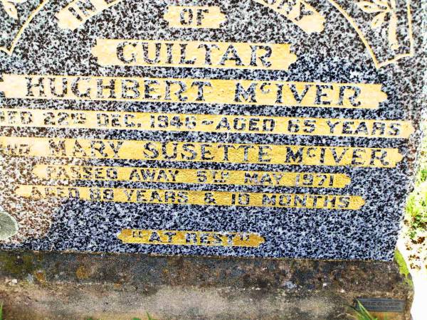 Guiltar Hughbert MCIVER,  | died 22 Dec 1946 aged 65 years;  | Mary Susette MCIVER,  | died 5 May 1971 aged 88 years 10 months;  | Bell cemetery, Wambo Shire  | 