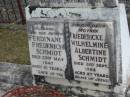 Ferdinand Frederich SCHMIDT
23 May 1947
aged 91
Friedericke Wilhelmine Albertine SCHMIDT
21 Sep 1953
aged 87
Bethel Lutheran Cemetery, Logan Reserve (Logan City)