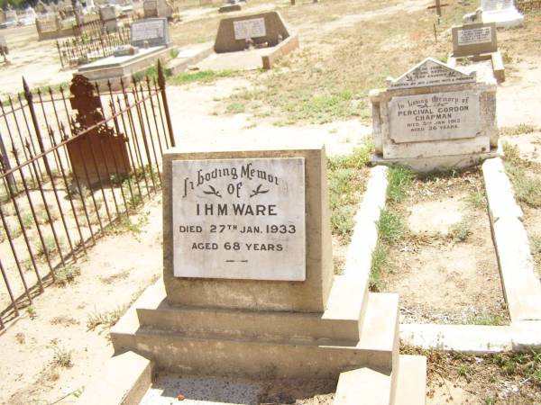 Graves near William Gale's,  | (I.H.M. WARE, d: 27 Jan 1933, aged 68,  | Percival Gordon CHAPMAN, d: 5 Jan 1912, aged 26)  | Bourke cemetery, New South Wales  | 