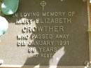 Mary Elizabeth CROWTHER,
died 5 Jan 1991 aged 86 years;
Bribie Island Memorial Gardens, Caboolture Shire