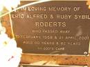 Eric Alfred ROBERTS,
died 10 Feb 1958 aged 40 years;
Ruby Sybil ROBERTS,
died 21 April 2001 aged 82 years;
Bribie Island Memorial Gardens, Caboolture Shire