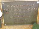 Delta Mary LAVENDAR,
died 8 Nov 1994 aged 72 years;
Bribie Island Memorial Gardens, Caboolture Shire