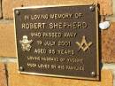 Robert SHEPHERD,
died 19 July 2001 aged 85 years,
husband of Yvonne;
Bribie Island Memorial Gardens, Caboolture Shire