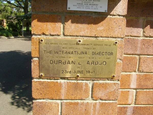 opened by Durban L. ARDJO;  | Bribie Island Memorial Gardens, Caboolture Shire  | 