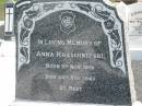Anna KRASCHNEFSKI,
born 5 Nov 1908 died 26 Aug 1943;
Apostolic Church of Queensland, Brightview, Esk Shire