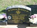 Rubina Anna RASMUSSEN,
born 26-5-1914 died 9-5-2004 aged 89 years,
mother grandmother great-grandmother;
Apostolic Church of Queensland, Brightview, Esk Shire