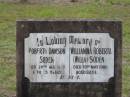 
Robert Dawson SODEN,
died 29 Aug 1950 aged 75 years;
Williamina Roberta (Willa) SODEN,
died 19 May 1981 aged 92 years;
Eric Aspley BARRETT, son-in-law,
8-10-81, 72 years;
Marjorie Frances BARRETT, daughter,
23-11-82, 70 years;
Caboonbah Church Cemetery, Esk Shire
