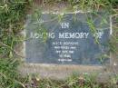 
Alice HOPKINS,
died 19 Sept 1985 aged 101 years;
Caboonbah Church Cemetery, Esk Shire
