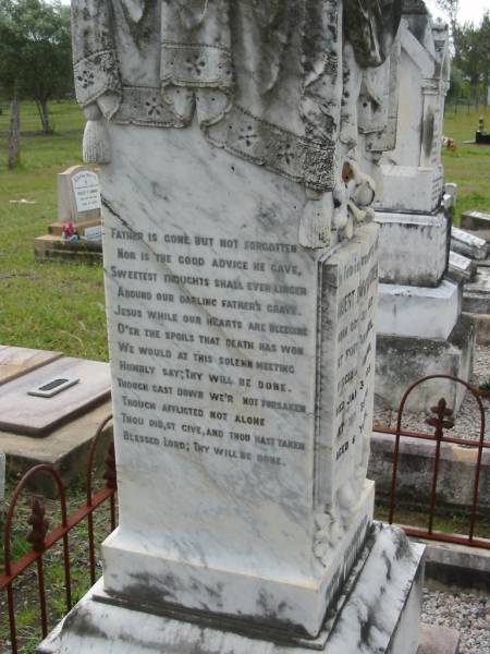 Richard, son of Robert & Mary SODEN,  | injured by a fall near the Beppo School on 6th,  | died at Ipswich on 9th Nov 1893;  | Robert Dawson SODEN,  | born 27 Oct 1837  Fort William, Virginia, Ireland,  | died 3 Jan 1905 Mt Beppo aged 67 years;  | Mary Frances SODEN, wife,  | born 29 Dec 1841 Lislin, Mullagh, Cavan,  | died 25 Dec 1911 Mt Beppo aged 69 years;  | Julia, wife of D.J. SODEN,  | died 15 Nov 1906 aged 32 years;  | David James SODEN, husband,  | died 27 July 1956 aged 78 years;  | Caboonbah Church Cemetery, Esk Shire  | 