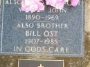 John OST, husband father, 1875 - 1946;
Ferdinand (Ferdy) J. OST, 1912 - 1947;
Elizabeth OST, wife of John, 1890 - 1969;
Bill OST, brother, 1907 - 1985;
Edward Charles OST, 1916 - 1999;
Caffey Cemetery, Gatton Shire