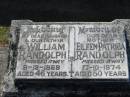 
William RANDOLPH, husband father,
died 8-12-1968 aged 46 years;
Eileen Patrica RANDOLPH, mother,
died 17-10-1974 aged 50 years;
Canungra Cemetery, Beaudesert Shire
