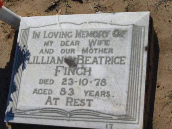 Lillian Beatrice FINCH,  | wife mother,  | died 23-10-78 aged 83 years;  | Canungra Cemetery, Beaudesert Shire  | 