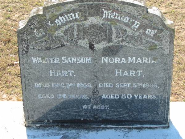 Walter Sansum HART,  | died 3 Dec 1962 aged 84 years;  | Nora Maria HART,  | died 5 Sept 1966 aged 80 years;  | Canungra Cemetery, Beaudesert Shire  | 