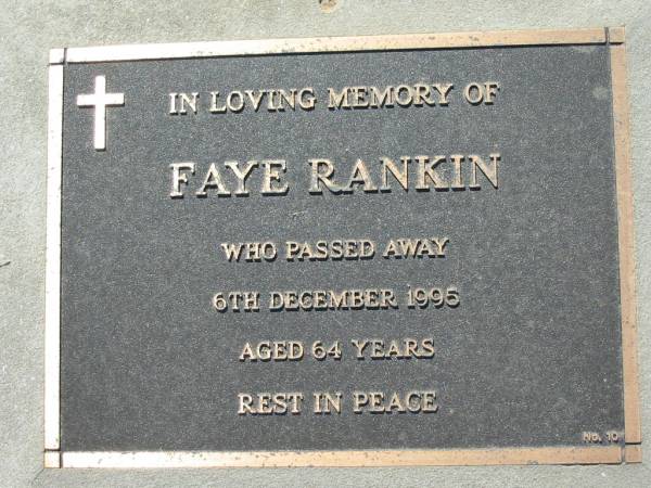 Faye RANKIN,  | died 6 Dec 1995 aged 64 years;  | Canungra Cemetery, Beaudesert Shire  | 