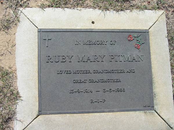 Ruby Mary PITMAN,  | mother grandmother great-grandmother,  | 13-9-1914 - 3-5-1988;  | Canungra Cemetery, Beaudesert Shire  | 