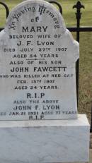 Mary (LYON)
d: 27 Jul 1907 aged 54
wife of J F LYON
his son John FAWCETT
d: 13 Feb 1907, aged 24 at Red Cap
John F LYON
d: 21 Jan 1921 aged 77
Digby J LYON
d: 3 Mar 2002 aged 78
wife Coral Isobelle (LYON)
d: 12 Nov 2007 aged 89
Donald Digby LYON
d: 25 Feb 1972 aged 32
son of Gigby and Coral
Errol Bertrand LYON "Sarge"
b: 13 Apr 1941
d: 22 Jan 2009
Cawarral Cemetery