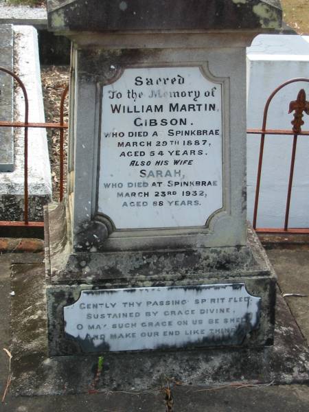 William Martin Gibson 29 Mar 1887  | aged 54  | Sarah 23 Mar 1932  | aged 88  | Chapel Hill Uniting Church (formerly Methodist) - Brisbane  | 