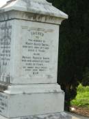 Kate Cecelia, wife of J.F. SMITH,
died 13 Oct 1912 aged 53 years;
Thomas Patrick SMITH, father,
died 1 July 1936 aged 44 years;
Susan, mother,
died 6 Nov 1936 aged 42 years;
Mary Alice SMITH,
died 14 June 1887 aged 2 years;
Michael Francis SMITH,
died 15 Aug 1905 aged 28 years;
Sacred Heart Catholic Church, Christmas Creek, Beaudesert Shire