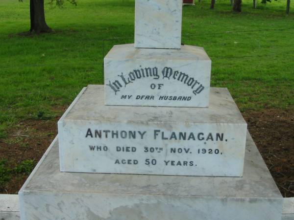 Anthony FLANAGAN, husband,  | died 30 Nov 1920 aged 50 years;  | Mary Lillian FLANAGAN,  | 12-9-1909 - 31-7-1998;  | Harriet FLANAGAN,  | died 30 Sept 1977 aged 93 years;  | Ann Margaret FLANAGAN, daughter,  | 10-3-1908 - 14-8-1995;  | Mary Lillian FLANAGAN, daughter,  | 12-9-1909 - 31-7-1998?;  | Sacred Heart Catholic Church, Christmas Creek, Beaudesert Shire  | 