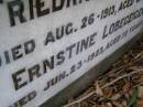 
parents;
Friedrich LOBEGEIGER,
died 26 Aug 1913 aged 61 years;
Ernestine LOBEGEIGER,
died 23 June 1923 aged 72 years;
Coleyville Cemetery, Boonah Shire
