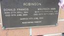 Donald Francis ROBINSON
b: 27 Apr 1934
d: 14 Jun 2004
Maureen Ann ROBINSON
b: 5 Feb 1938
d: 26 Sep 2010
married 6 Jun 1959
Cooloola Coast Cemetery