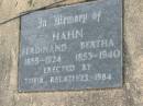 
Ferdinand HAHN,
1855 - 1924;
Bertha HAHN,
1853 - 1940;
Coulson General Cemetery, Scenic Rim Region
