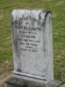 
Mary Elizabeth,
wife of J.A. ALCORN,
died 26 May 1919 aged 53 years;
Coulson General Cemetery, Scenic Rim Region

