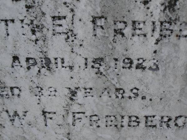 parents;  | Elizabeth E. FREIBERG,  | died 15 April 1923 aged 39 years;  | Carl W. FREIBERG,  | died 20 June 1966 aged 82 years;  | Dugandan Trinity Lutheran cemetery, Boonah Shire  | 