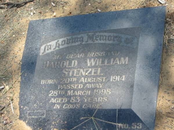 Harold William STENZEL,  | husband,  | born 20 Aug 1914,  | died 28 March 1998 aged 83 years;  | Dugandan Trinity Lutheran cemetery, Boonah Shire  | 