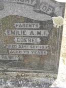 parents;
Johannes GOEBEL,
died 15 Sept 1915 aged 57 years;
Emilie A.M.I. GOEBEL,
died 22 Sept 1939 ged 79 years;
William GOEBBEL,
2nd son,
died 29 June 1944 aged 60 years;
Dugandan Trinity Lutheran cemetery, Boonah Shire