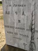 August A.J. LINDNER,
father,
died 20 Jan 1912 aged 65 years;
Auguste W. LINDNER,
mother,
died 24 March 1947 aged 95 years;
Dugandan Trinity Lutheran cemetery, Boonah Shire