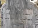 Carl F.W. PFLUGRADT,
born 27 April 1860,
died 23 Jan 1906;
Dugandan Trinity Lutheran cemetery, Boonah Shire