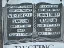 
(husband) Wilhelm Carl SAVERIN
2 Oct 1949, aged 72
(wife) Emma Louise SAVERIN
29 May 1967, aged 81
Eagleby Cemetery, Gold Coast City
