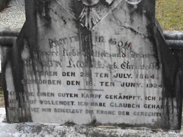Maria LUDCKE (geb CHRISTOFFEL)  | geb 28 Jul 1864, gest 18 Jun 1924  | Eagleby Cemetery, Gold Coast City  | 