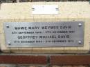 Mamie Mary Weymss DAVIS,
8 Sept 1906 - 17 Nov 1997;
Geoffrey Michael DAVIS,
17 Dec 1904 - 5 Dec 1973;
St Lukes Anglican Church, Ekibin, Brisbane